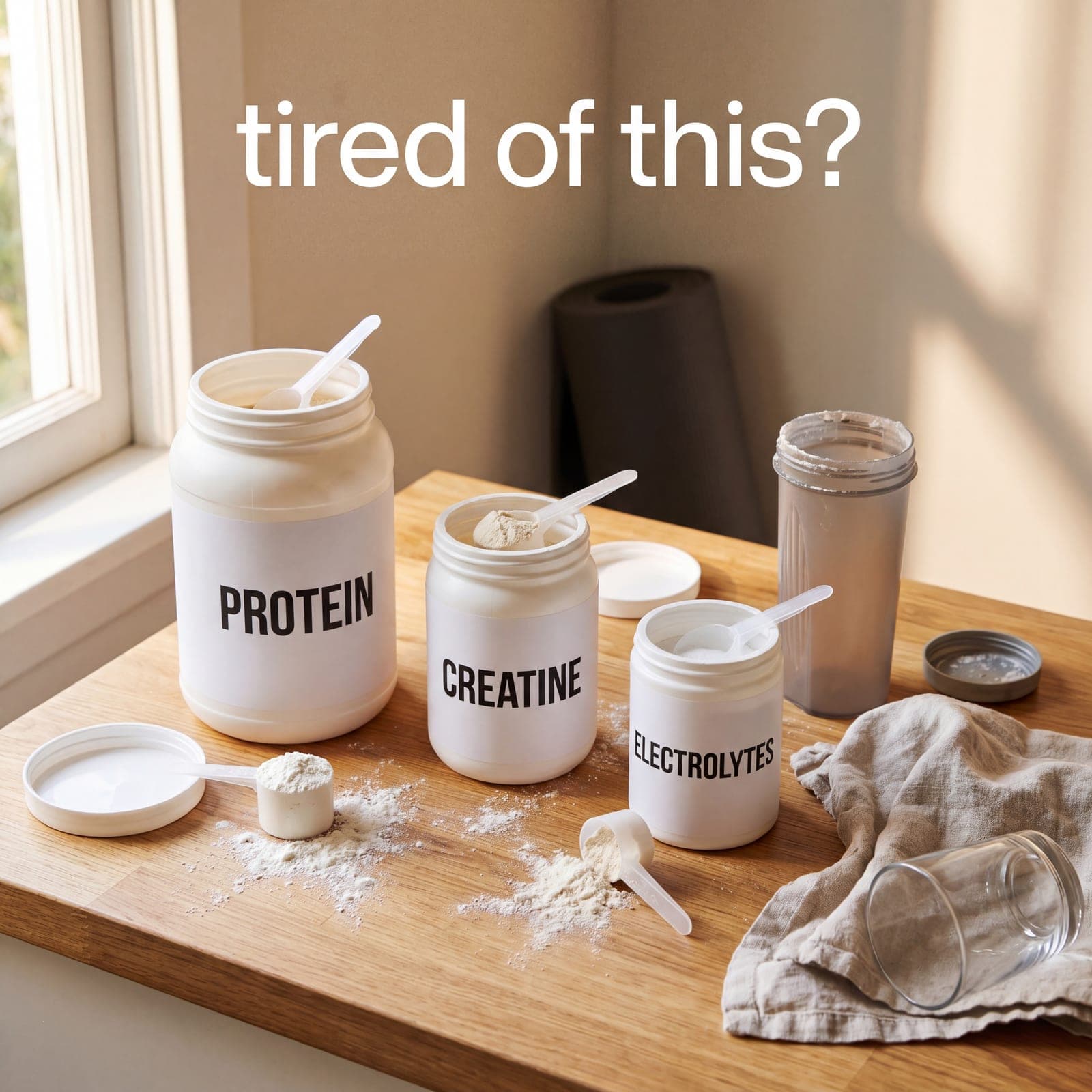 A cluttered shelf of protein, creatine, and electrolyte tubs